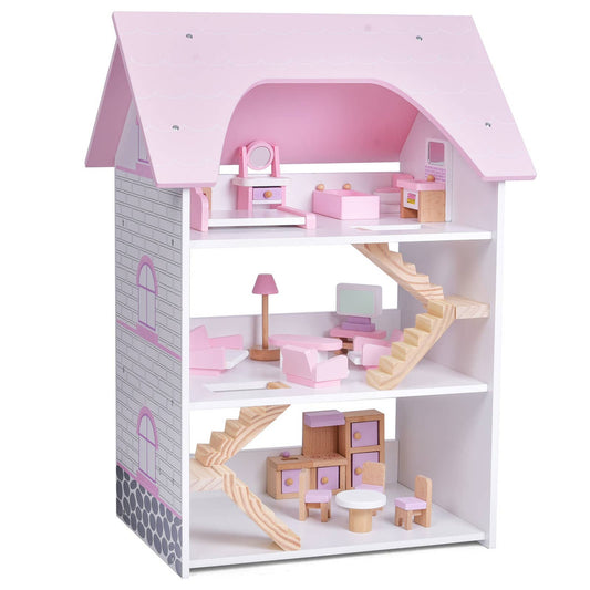 Fun Little Toys - Wooden Dollhouse with Wooden Furniture 23 PCs Accessories