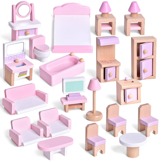 Fun Little Toys - 4 Set Wooden Doll House Furniture Accessories